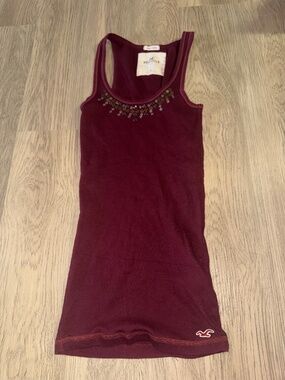 Hollister Burgundy Embellished Ribbed Tank Top Y2K Coquette Boho Fitted Layering